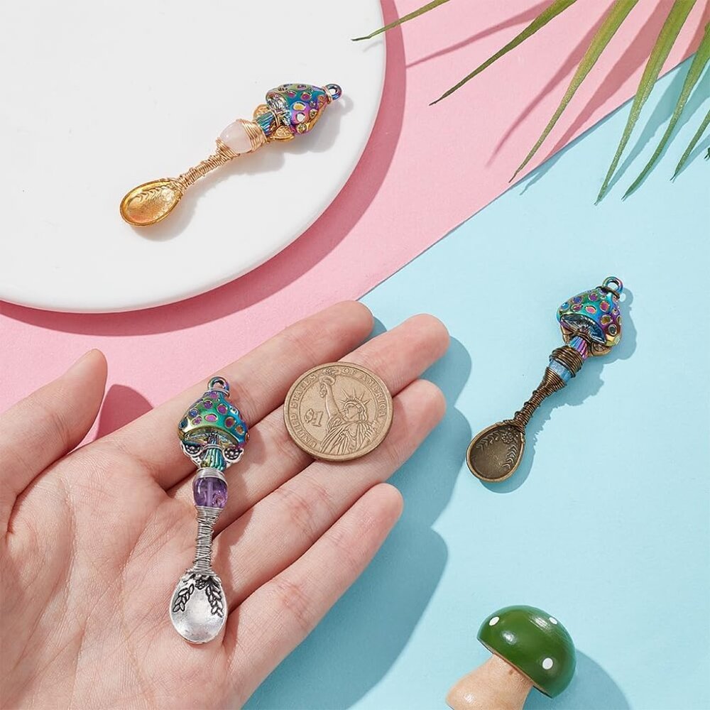 3 Pcs 3 Colors Natural Genstone Pendants, 2.6 Inch Long Mushroom Spoon Alloy Cha - Picture 4 of 6